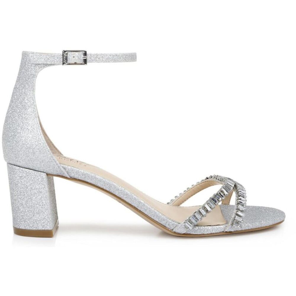 Jewel Badgley Mischka Womens Joanne Silver Glitter Ankle Strap Shoes New - Picture 2 of 3